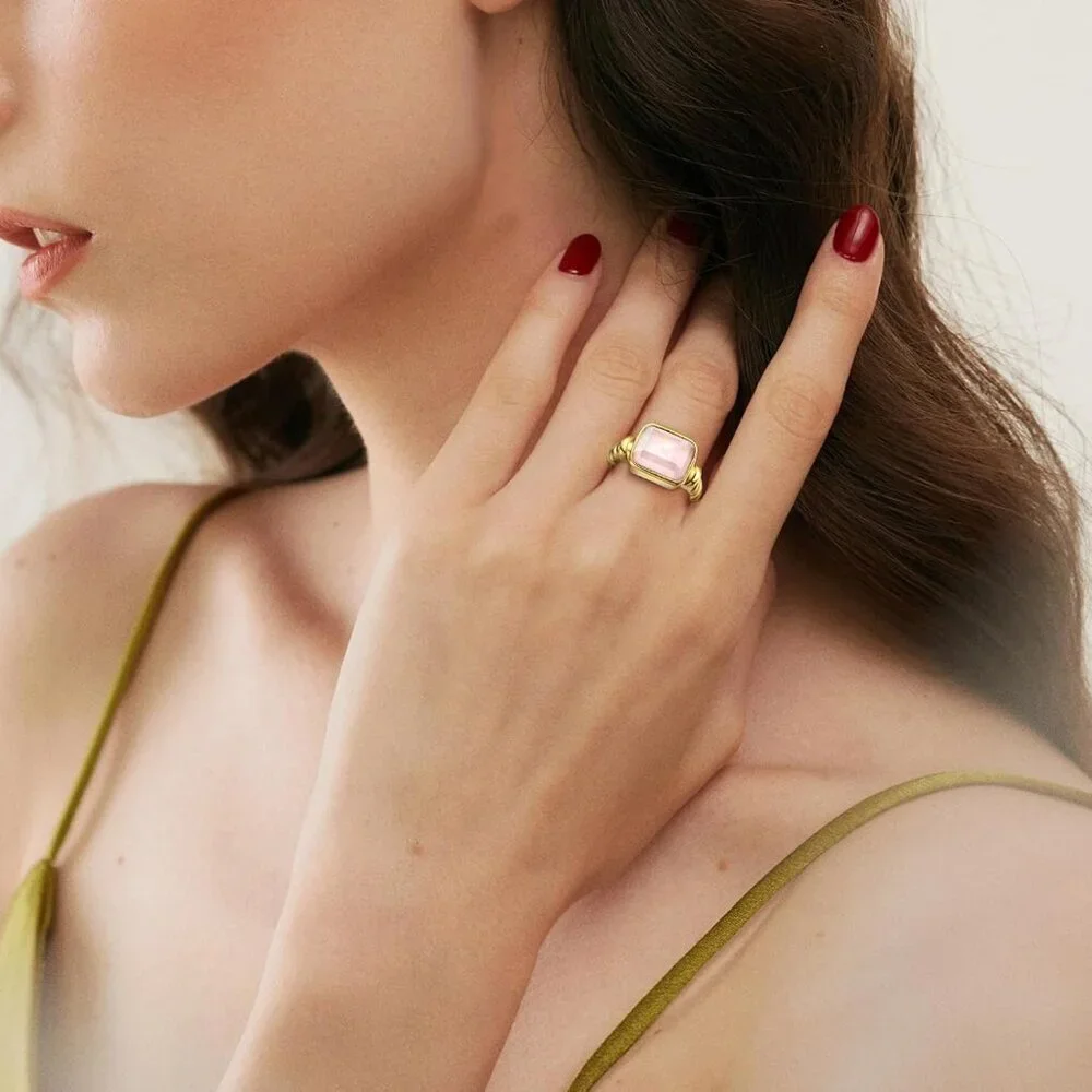 Women's 14K Gold Plated Statement Rings Emerald Cut Teal Turquoise/Rose Quartz C - Picture 3 of 6